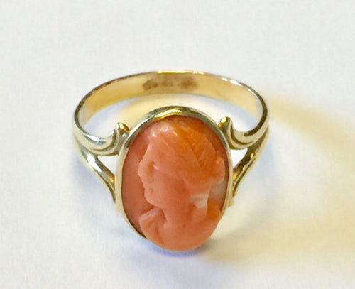 Edwardian 14k Gold Angel Skin Coral Cameo Ring c.1910 - Queen May