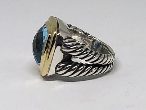 David Yurman Sterling Silver & 18K Gold Blue Topaz Albion Ring Size 6.75 - Queen May