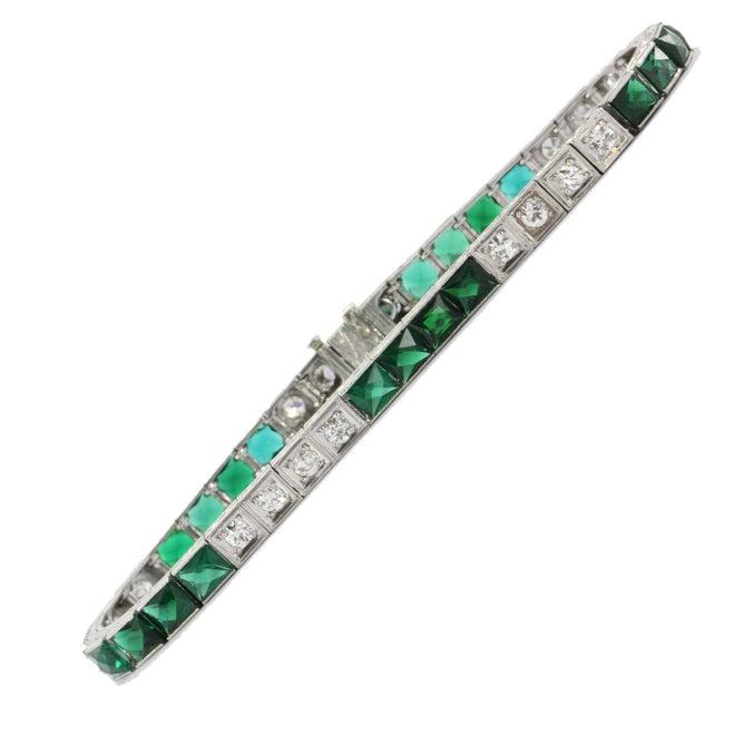 Vintage Art Deco Platinum French Cut Emerald & Diamond Tennis Bracelet - Queen May