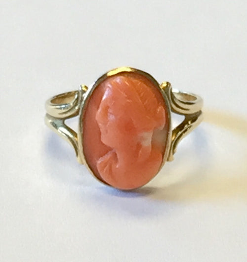 Edwardian 14k Gold Angel Skin Coral Cameo Ring c.1910 - Queen May