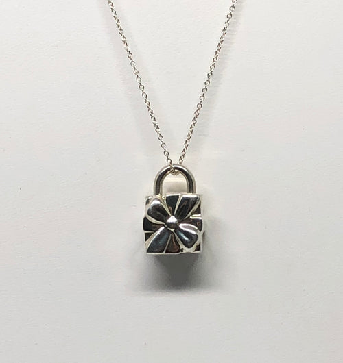 Tiffany & Co Sterling Silver Bow Box Present Charm Necklace 16.75" - Queen May