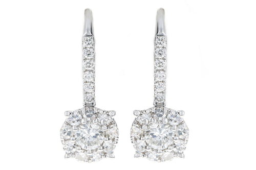 18K White Gold .66 Carat Total Weight Round Diamond Halo Cluster Drop Earrings - Queen May