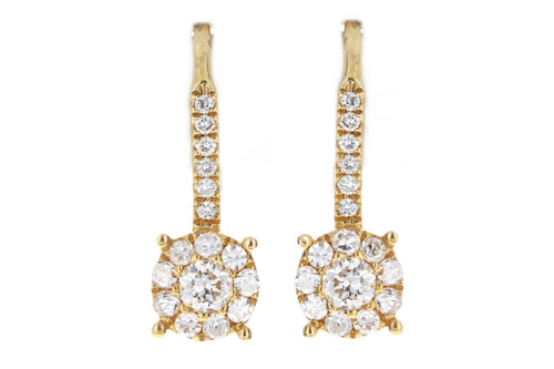 18K Yellow or White Gold .45 Carat Total Weight Round Diamond Halo Cluster Drop Earrings - Queen May