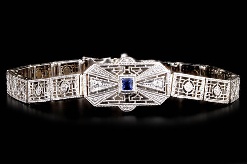 Art Deco 14K White Gold .20 Carat Synthetic Sapphire & Diamond Filigree Bracelet - Queen May