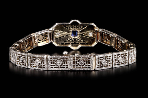 Art Deco 14K White Gold .20 Carat Synthetic Sapphire & Diamond Filigree Bracelet - Queen May