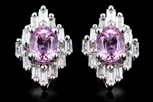 14K White Gold Oval Pink Natural Sapphire & Baguette Diamond Stud Earrings - Queen May