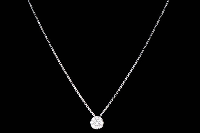 14K White Gold 0.85 Carat Total Weight Round Brilliant Diamond Cluster Halo Pendant Necklace - Queen May