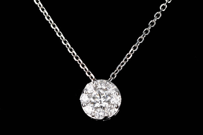 14K White Gold 0.85 Carat Total Weight Round Brilliant Diamond Cluster Halo Pendant Necklace - Queen May