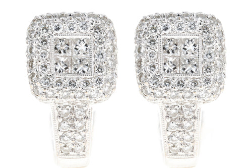18K White 1.66 Carat Total Weight Invisible Set Princess Diamond Pave Earrings - Queen May