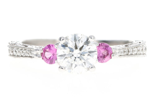 18K White Gold 0.76 Carat Round Brilliant Diamond Pink Sapphire Three Stone Engagement Ring - Queen May