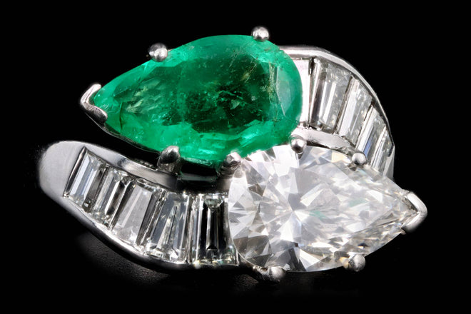 Retro Platinum 1.91 Carat Pear Diamond & 1.5 Carat Natural Emerald Toi Et Moi Ring GIA Certified - Queen May