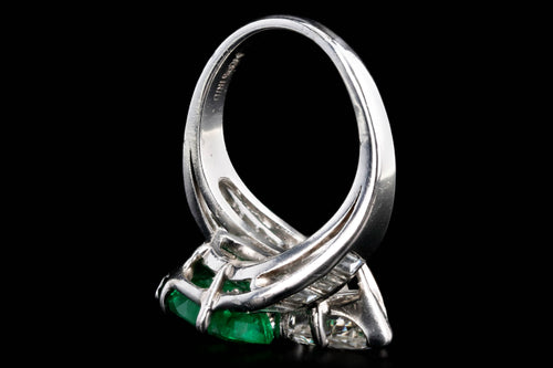 Retro Platinum 1.91 Carat Pear Diamond & 1.5 Carat Natural Emerald Toi Et Moi Ring GIA Certified - Queen May