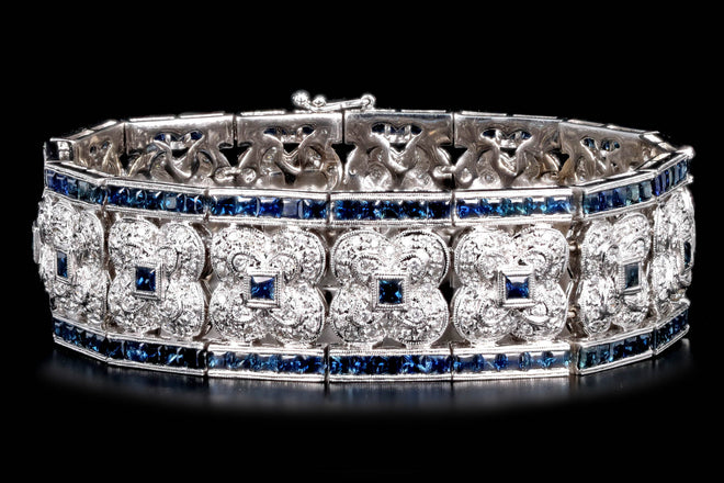 18K White Gold 14.5 Carat Total Weight Natural Sapphire & Diamond Clover Link Bracelet - Queen May