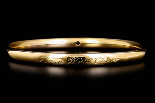 Victorian 14K Yellow Gold Old Mine Cut Diamond Engraved Tube Bangle - Queen May