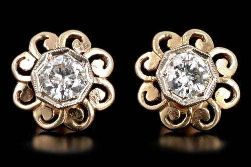 Art Deco 14K Gold Two Tone 1 Carat Total Weight Old European Diamond Geometric Screw Back Stud Earrings - Queen May