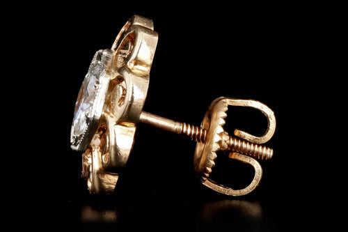 Art Deco 14K Gold Two Tone 1 Carat Total Weight Old European Diamond Geometric Screw Back Stud Earrings - Queen May