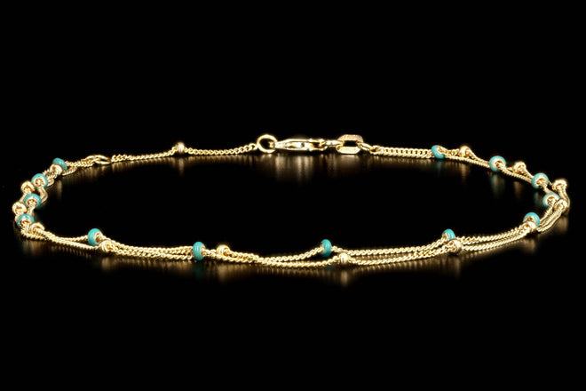 14K Yellow Gold Turquoise Enamel Station Double Strand Anklet - Queen May