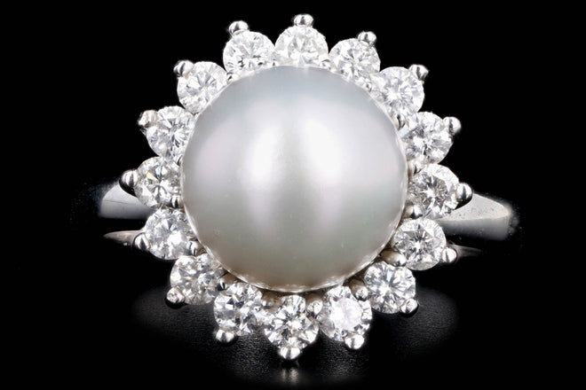 14K White Gold 9mm Cultured Pearl & Diamond Halo Ring - Queen May