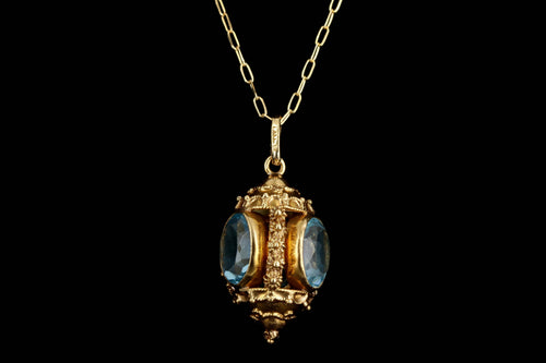 Mid Century Italian Etruscan Revival 18K Yellow Gold Blue Glass Charm Pendant Necklace - Queen May