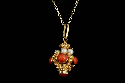 Mid Century Italian Etruscan Revival 18K Yellow Gold Coral & Cultured Pearl Charm Pendant Necklace - Queen May