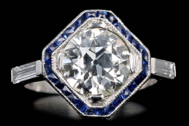 Art Deco 2.75 Carat Old European Diamond & Synthetic Sapphire Geometric Halo Engagement Ring GIA Certified - Queen May
