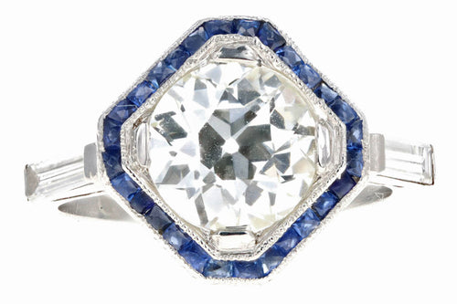 Art Deco 2.75 Carat Old European Diamond & Synthetic Sapphire Geometric Halo Engagement Ring GIA Certified - Queen May