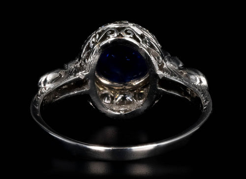 Art Deco 2 Carat Cabochon Natural Sapphire & Old European Diamond Ring in Platinum GIA Certified - Queen May
