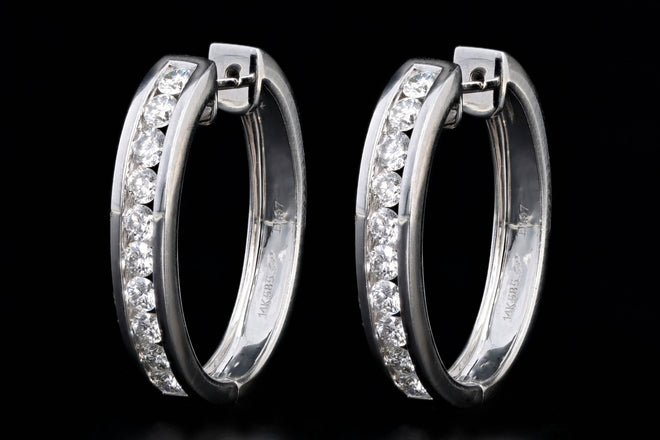 14K White Gold 1.97 Carat Total Weight Round Diamond Oval Hoop Earrings - Queen May