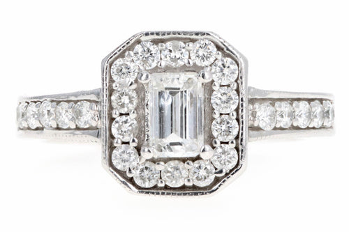 14K White Gold 0.35 Carat Emerald Cut Diamond Halo Engagement Ring - Queen May