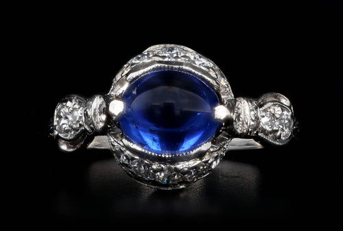 Art Deco 2 Carat Cabochon Natural Sapphire & Old European Diamond Ring in Platinum GIA Certified - Queen May