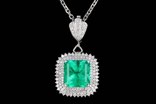 Platinum 9.54 Carat Natural Colombian Emerald & Diamond Halo Pendant Necklace GIA Certified - Queen May