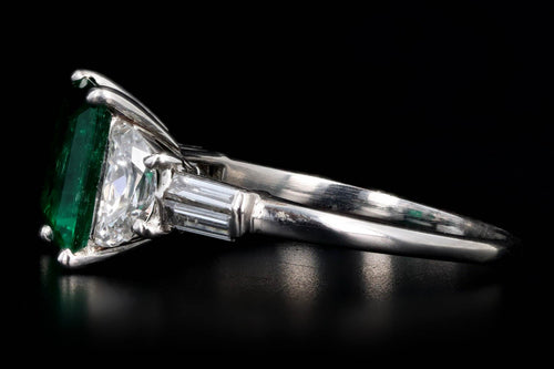 Art Deco 2.85 Carat Natural Colombian Emerald & Half Moon Diamond Ring in Platinum - Queen May