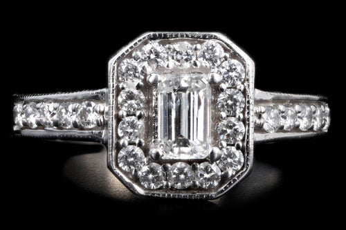 14K White Gold 0.35 Carat Emerald Cut Diamond Halo Engagement Ring - Queen May