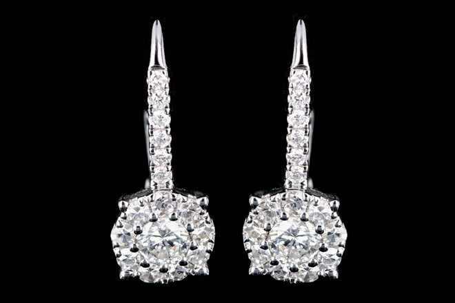 18K White Gold .66 Carat Total Weight Round Diamond Halo Cluster Drop Earrings - Queen May