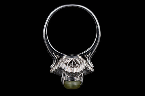 Retro Platinum 3.05 Carat Cat's Eye Chrysoberyl & Baguette Diamond Fan Ring - Queen May