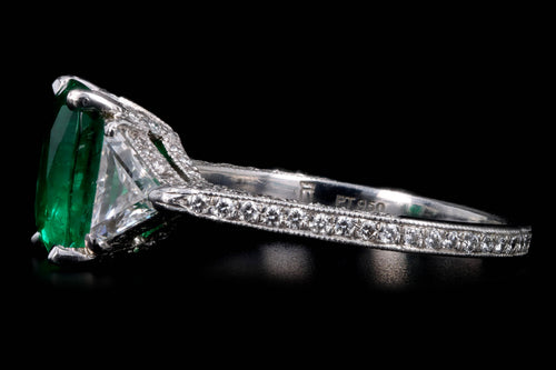 Platinum 1.99 Carat Natural Emerald & Trillion Cut Diamond Ring - Queen May