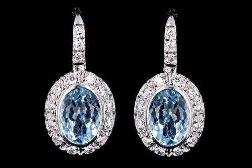 18K White Gold 1.2 Carat Total Weight Oval Aquamarine & Diamond Halo Drop Earrings - Queen May