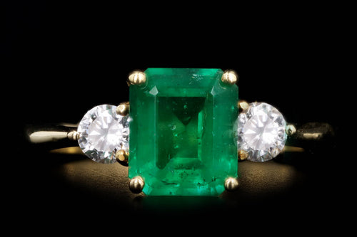 18K Yellow Gold 1.86 Carat Natural Emerald & Diamond Three Stone Ring - Queen May