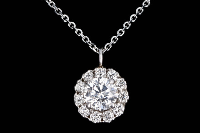 14K White Gold 0.52 Carat Round Brilliant Diamond Halo Pendant Necklace - Queen May