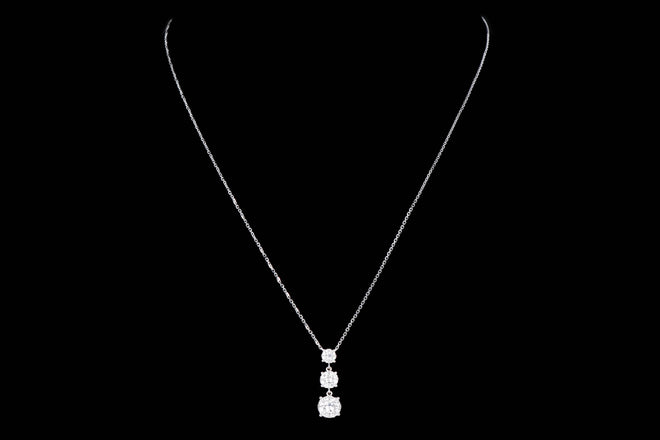 14K White Gold 0.50 Carat Total Weight Round Diamond Graduated Three Stone Halo Pendant Necklace - Queen May