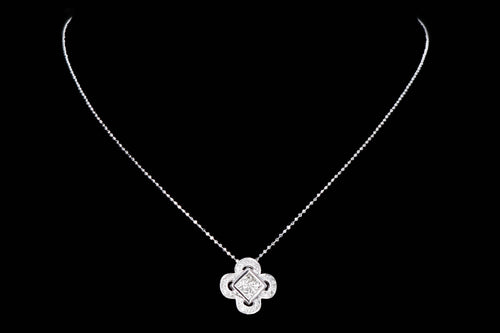 14K White Gold 0.42 Carat Total Weight Princess Cut Diamond Cluster Clover Pendant Necklace - Queen May