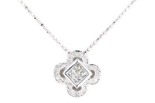 14K White Gold 0.42 Carat Total Weight Princess Cut Diamond Cluster Clover Pendant Necklace - Queen May