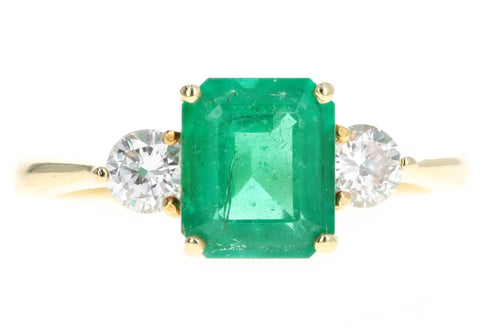 18K Yellow Gold 1.86 Carat Natural Emerald & Diamond Three Stone Ring - Queen May