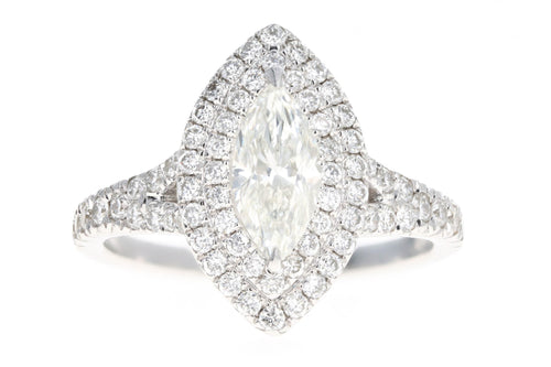 18K White Gold 0.73 Carat Marquise Diamond Double Halo Split Shank Engagement Ring - Queen May