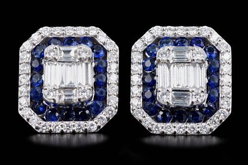 18K White Gold Baguette Cut Diamond & Sapphire Halo Mosaic Earrings - Queen May