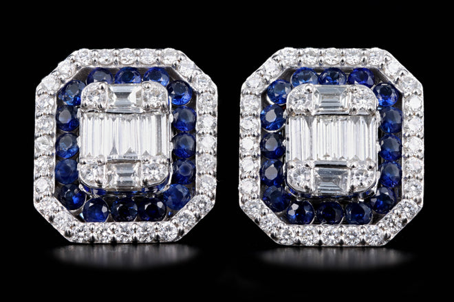 18K White Gold Baguette Cut Diamond & Sapphire Halo Mosaic Earrings - Queen May