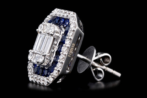 18K White Gold Baguette Cut Diamond & Sapphire Halo Mosaic Earrings - Queen May