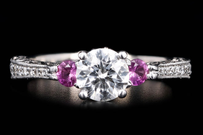 18K White Gold 0.76 Carat Round Brilliant Diamond Pink Sapphire Three Stone Engagement Ring - Queen May
