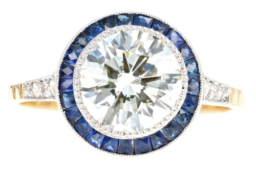 Art Deco Inspired 18K Yellow Gold Platinum 2.12 Carat Round Brilliant Diamond Natural Sapphire Halo Engagement Ring - Queen May
