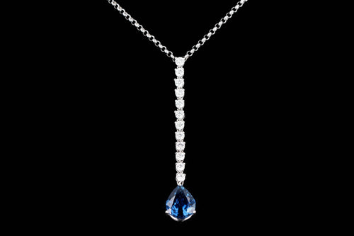 18K White Gold 3.15 Carat Oval Natural No Heat Thai Sapphire & Diamond Pendant Necklace - Queen May